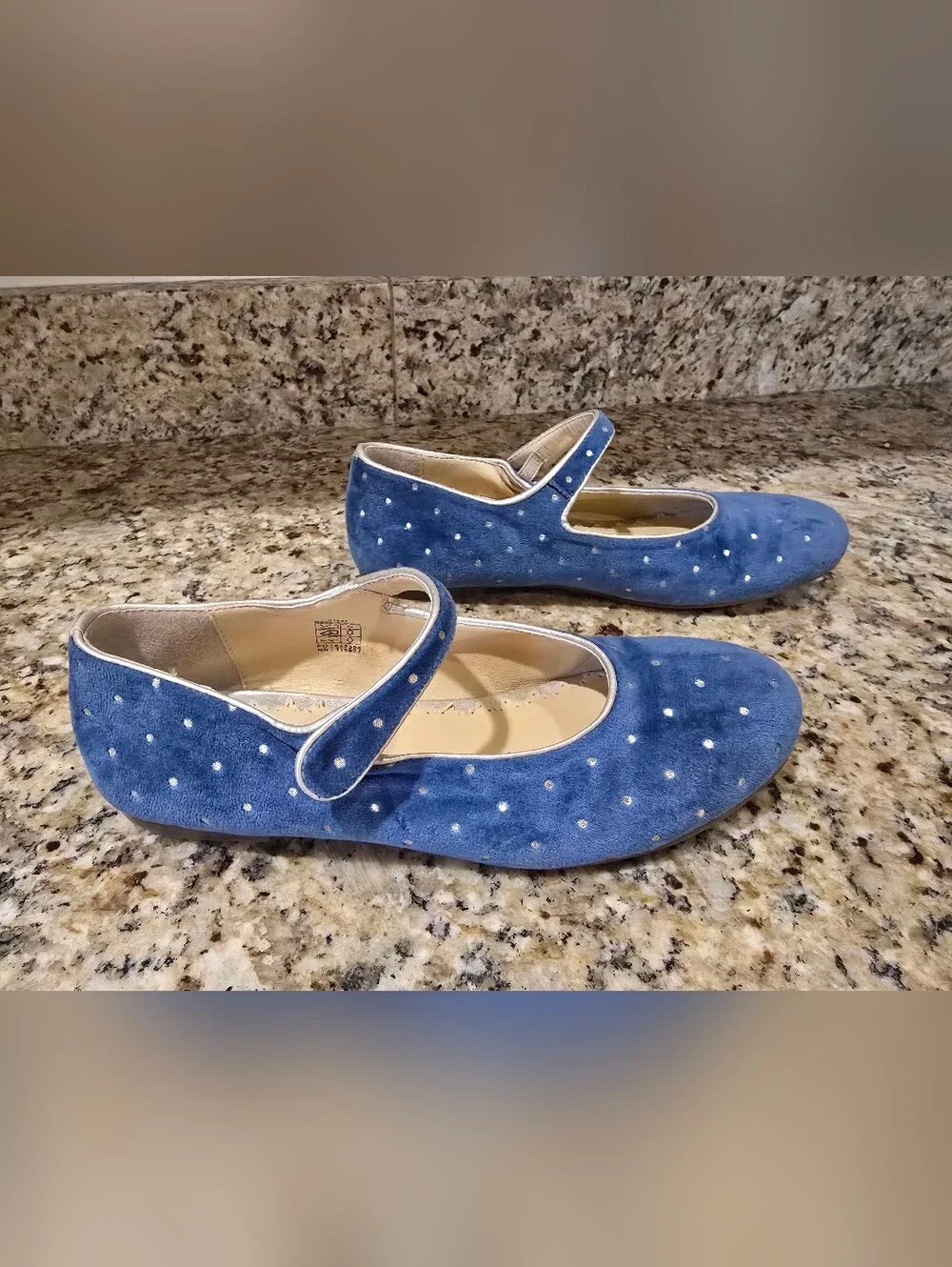Mini Boden Blue Velvet Polka Dot Mary Jane Flats Size 37 (5.5)